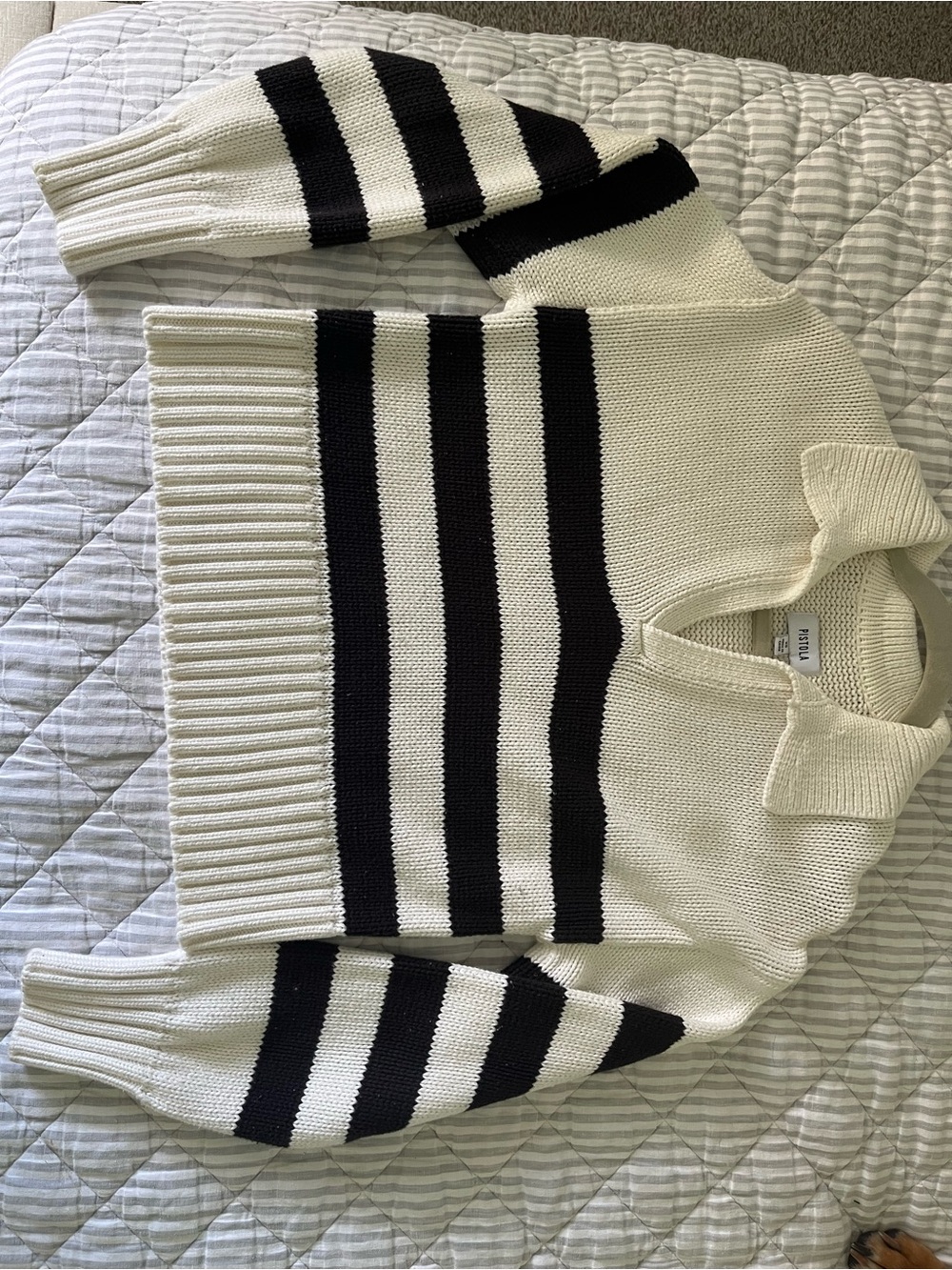 pistola White and Black V-Neck Stripe Sweater